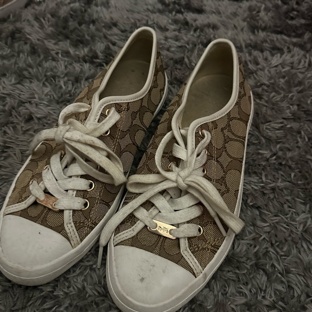 Coach Tan and White Canvas Sneakers with Lace-Up Design